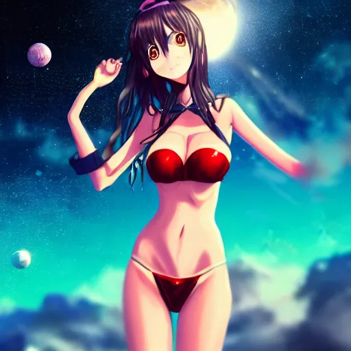 Image similar to An anime girl in bikini holding and terraforming a planet on her hands, unfocused background milkyway galaxy stars universe, wide-shot, high detail, 4k, digital art, artstation, 8k, very detailed