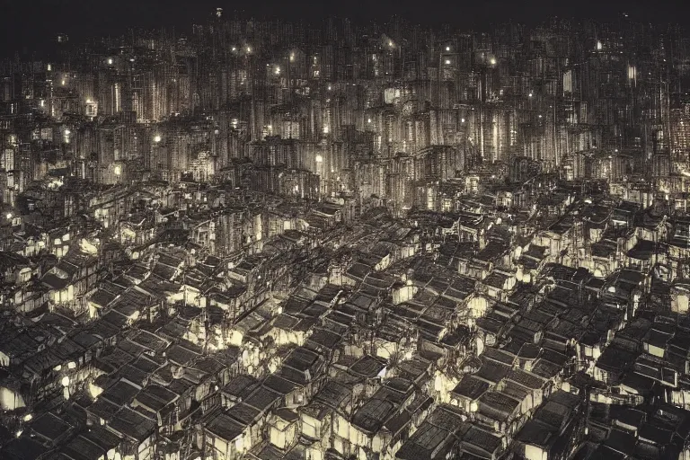 Image similar to kowloon walled city at night, by yoshitaka amano