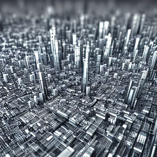 Prompt: an electron microscope image of a sprawling mega city, bokeh, 3D render, magnified