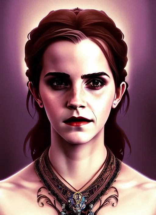 Prompt: portrait of emma watson as a vampire queen, jewelry, greek, saphire, intricate, headshot, highly detailed, digital painting, artstation, concept art, sharp focus, cinematic lighting, illustration, art by artgerm and greg rutkowski, alphonse mucha, cgsociety