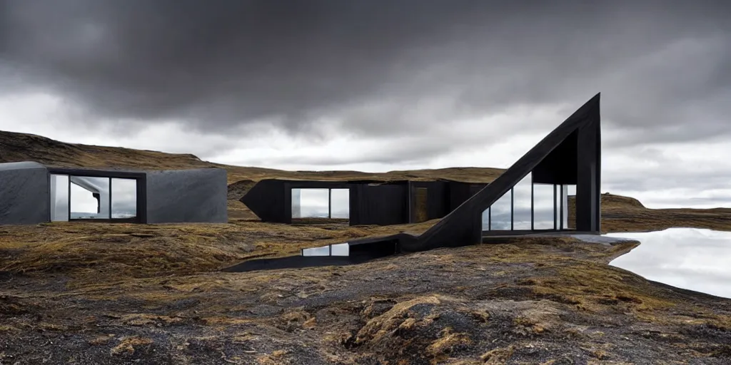 Image similar to futuristic architect house made from deconstucted ash wood and mirrors, floating, portal, iceland landscape photography, by lurie belegurschi and gunnar freyr