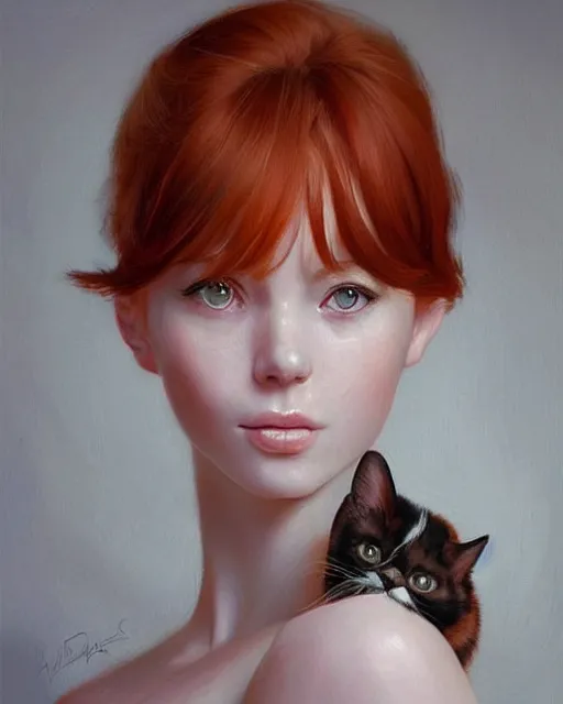 Image similar to portrait of a redhead woman with her cat, girl cute-fine-face, pretty face, realistic shaded Perfect face, fine details. Anime. realistic shaded lighting by Ilya Kuvshinov Giuseppe Dangelico Pino and Michael Garmash and Rob Rey, IAMAG premiere, aaaa achievement collection, elegant freckles, fabulous
