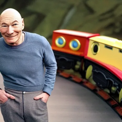 Image similar to patrick stewart as thomas the tank engine.