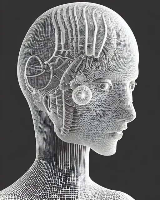 Image similar to mythical dreamy black and white organic translucent bio-mechanical spinal ribbed profile face portrait detail of mechanical beautiful female angelic-snowy-human-doll, highly detailed, intricate crystal jelly steampunk ornate, poetic, 3D render, digital art, octane render, 8K artistic photography, photo-realistic, by Dora Maar