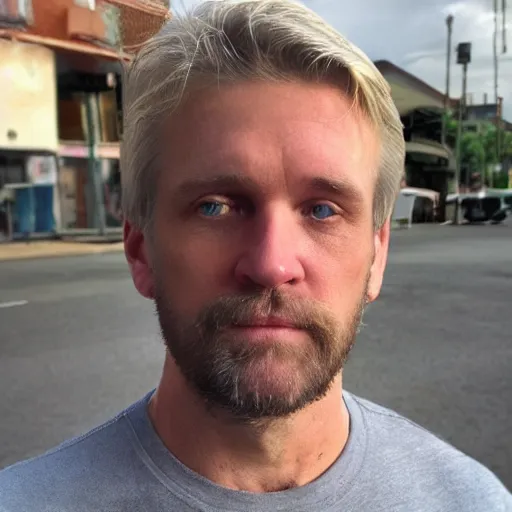 Image similar to full face color photograph of a 40 year old very handsome white man with very short, wavy, light blond hair and very small slanted blue eyes, dressed in a white t shirt, gray shorts and black socks, with very thin lips, with a straight nose and blond stubble on his oval face, and pale skin. He resembles a lion.