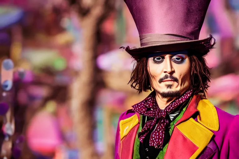 Prompt: cinematic still of deranged johnny depp playing the mad hatter in willy wonka & the chocolate factory film directed by tim burton, movie still, long lens, shallow depth of field, bokeh, anamorphic lens flare