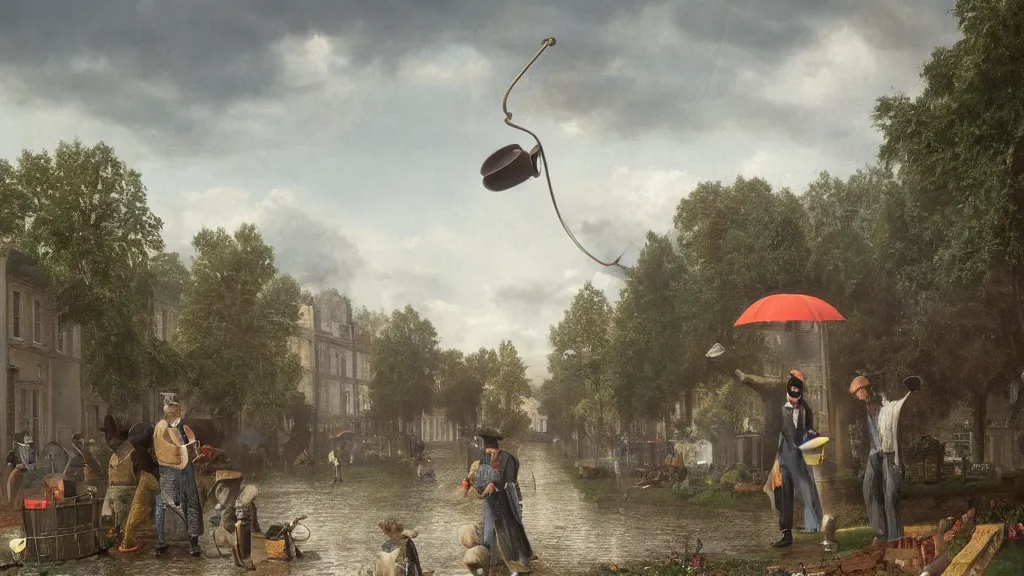 Image similar to Gulliver using a watering can to drop rain in the Lilliputian town of London, nineteenth century, photorealistic, f16, rendered in octane