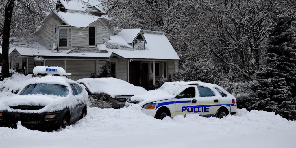 Prompt: A police car in front of a house that is buried in snow, winter, Christmas