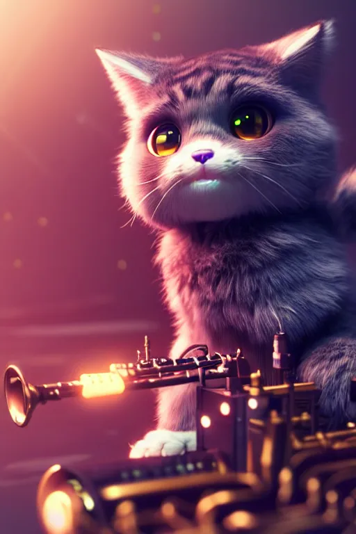 Image similar to high quality 3 d render very cute fluffy cyborg!! cat plays saxophone, cyberpunk highly detailed, unreal engine cinematic smooth, in the style of blade runner & detective pikachu, hannah yata charlie immer, moody light, low angle, uhd 8 k, sharp focus