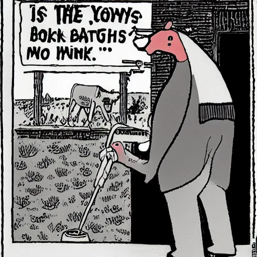 Image similar to a cow points at a bucket, illustrated by gary larson, far side comic, b & w