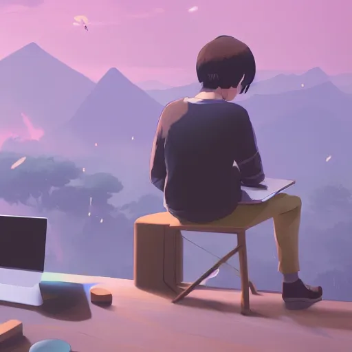 Image similar to toad, in front of a laptop, makoto shinkai, james gilleard, ilya kuvshinov, very detailed, matte, gaussian blur, tone mapped