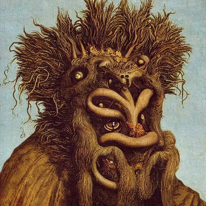 Image similar to close up portrait of a mutant monster creature with crooked boar - like teeth, flower iris eyes, ingrown nose, spidery mustache, lace and manbun. jan van eyck