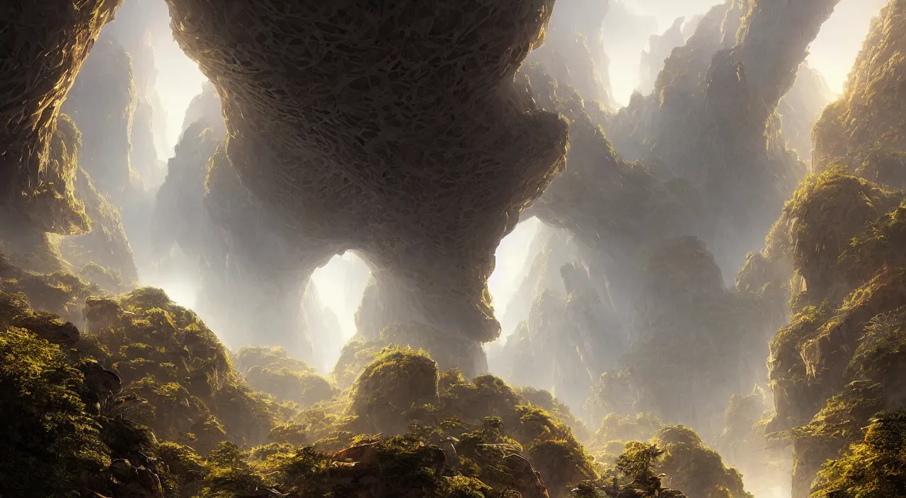 Image similar to parametric cellular tectonic organic biological crystallographic bridging megastructure architecture in a wide canyon landscape, by glenn small, by albert bierstadt, by sparth, hyper realistic, zaha hadid, god rays, volumetric lighting, detailed, extremely intricate, raytrace, octane, light fog, keyshot