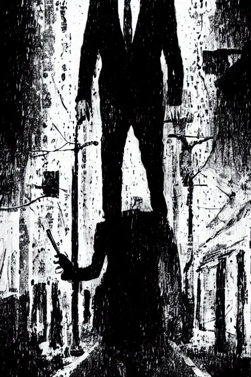 Prompt: black and white illustration of Patrick Bateman in a rainy street, neo noir style, Frank Miller creative design, body horror