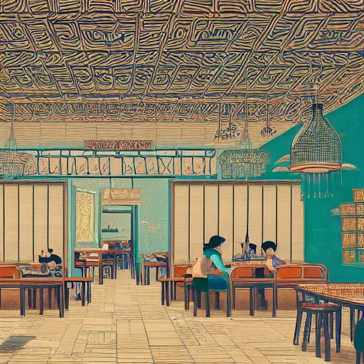 Prompt: a beautiful hyperdetailed interior 4 k hd wallpaper illustration of roasted string hotpot restaurant restaurant yan'an, corner, simple style, wall painting, from china, with merchant logo, fine delicate structure, surrealistic, chinese style, victo ngai