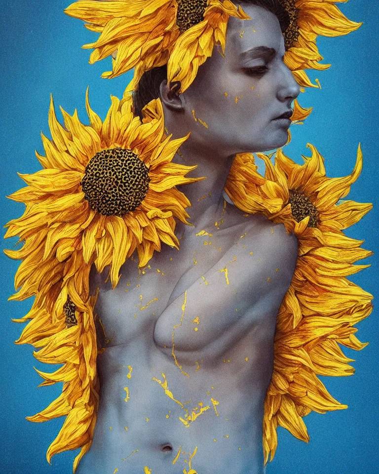 Image similar to symmetrical painting of a fractured obsidian greek woman statue of a topaz spikes sunflowers lightblue dripping paint fixed with kintsugi, rendered in octane trending on cgsociety. extremely detailed and intricate art