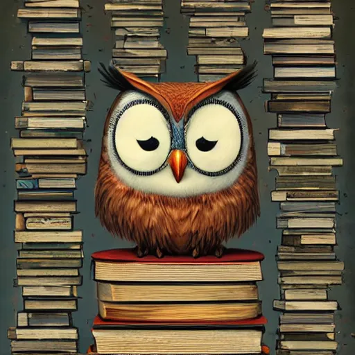 Prompt: long shot of a very cute plushy owl with closed eyes sitting on a pile of antique books, by esao andrews, by james jean, humorous illustration, hyperrealistic, big depth of field, fresh colors, dim light, 3 d octane render conceptart, 4 k, hyperdetailed, trending on artstation