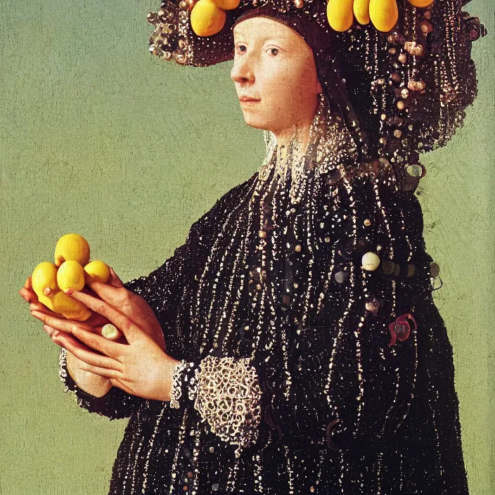 Prompt: a closeup portrait of a woman in a scuba helmet, wearing a dress made of beads, picking lemons in an orchard, color photograph, by jan van eyck, canon eos c 3 0 0, ƒ 1. 8, 3 5 mm, 8 k, medium - format print