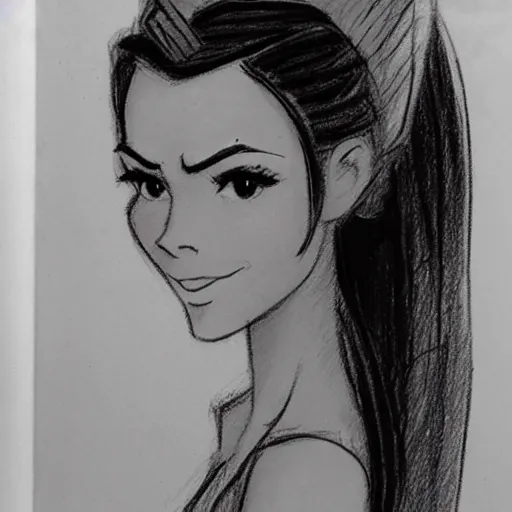 Image similar to milt kahl sketch of victoria justice with done up hair, tendrils covering face and ponytail as princess padme from star wars episode 3