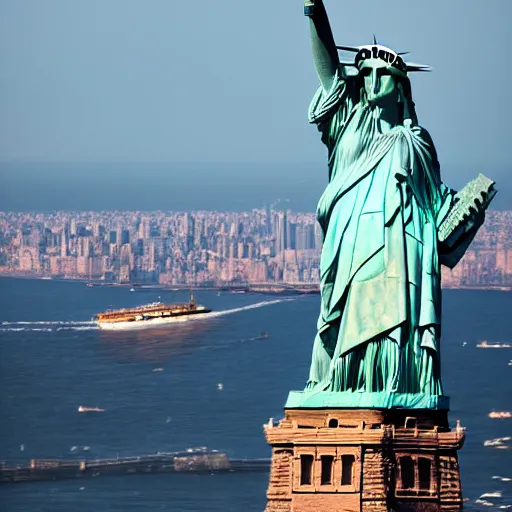 Prompt: disaster photography, airship during collision into statue of liberty, full color, explosion, 8k, hd, high resolution