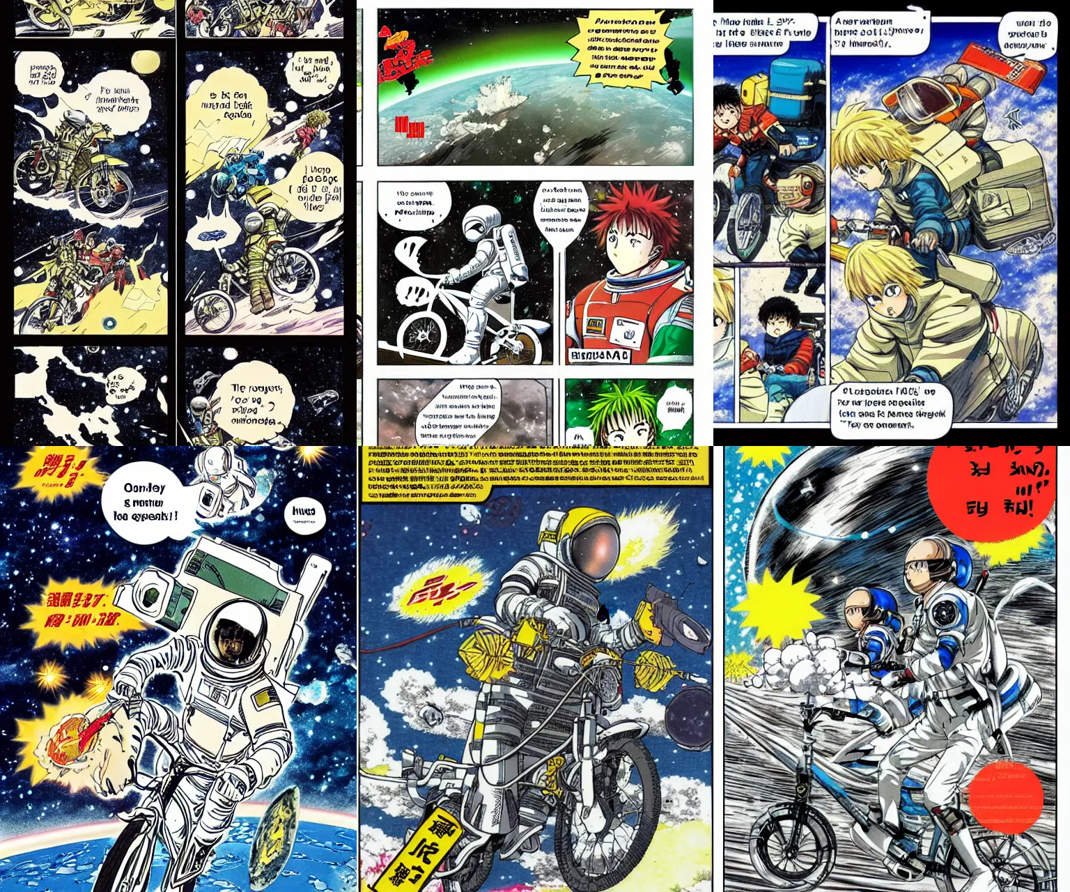 Prompt: page of a shonen manga about an astronaut riding a bike in space, color edition, speech bubbles with lots of text, art by Kentaro Miura