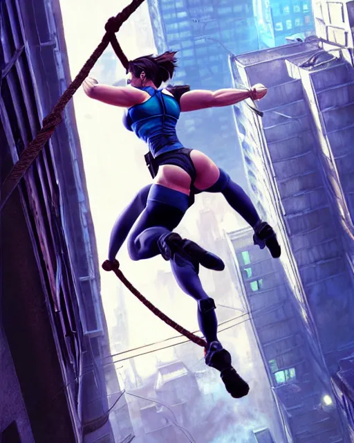 Image similar to gigachad jill valentine bodybuilder swinging from a building with a rope in racoon city, fantasy character portrait, ultra realistic, anime key visual, full body concept art, intricate details, highly detailed by greg rutkowski, ilya kuvshinov, gaston bussiere, craig mullins, simon bisley