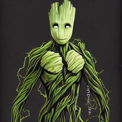 Image similar to groot baby ghost dark cyber scifi ambiance drawing