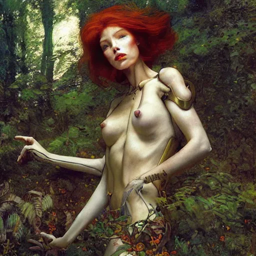 Prompt: beautiful female cyborg with auburn hair, lounging in the Marian forest at dusk, by Edgar Maxence and Ross Tran and Michael Whelan and Gustav Klimpt