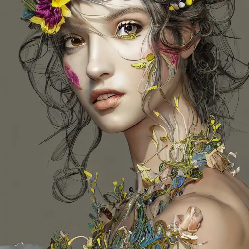 Image similar to the portrait of an absurdly beautiful, graceful, elegant, sophisticated, young idol made up of lemons, an ultrafine hyperdetailed illustration by kim jung gi, irakli nadar, intricate linework, bright colors, octopath traveler, final fantasy, unreal engine 5 highly rendered, global illumination, radiant light, detailed and intricate environment