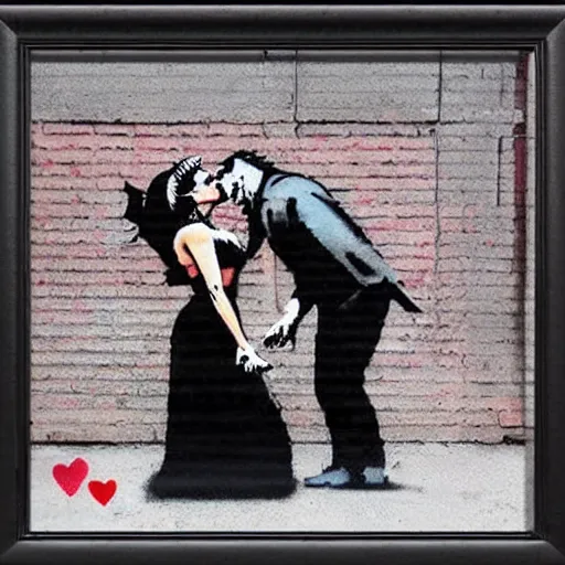 Image similar to banksy as joker and harley queen kissing, realistic content, detail content, paper border, 5 color