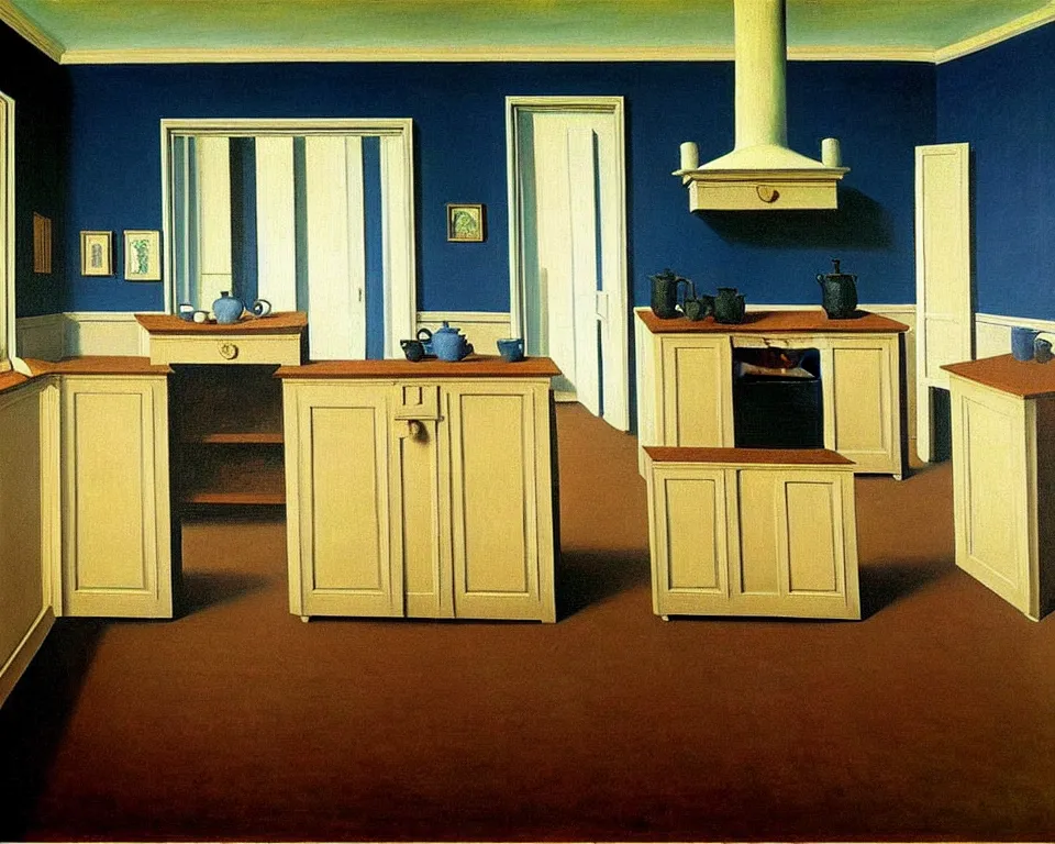 Image similar to achingly beautiful painting of a sophisticated, well - decorated kitchen by rene magritte, monet, and turner.