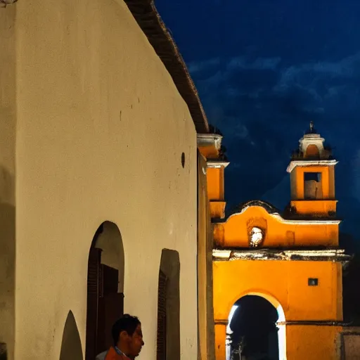 Image similar to a picture of a man standing in front an arch in antigua guatemala at night