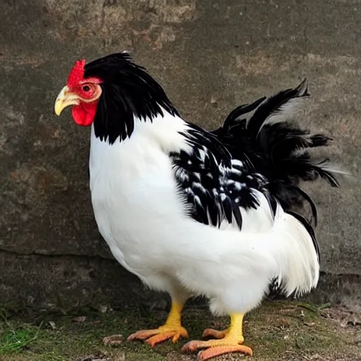 Prompt: a newly discovered breed of chicken with black feathers that is spotted with very distinct white heart!!! shapes