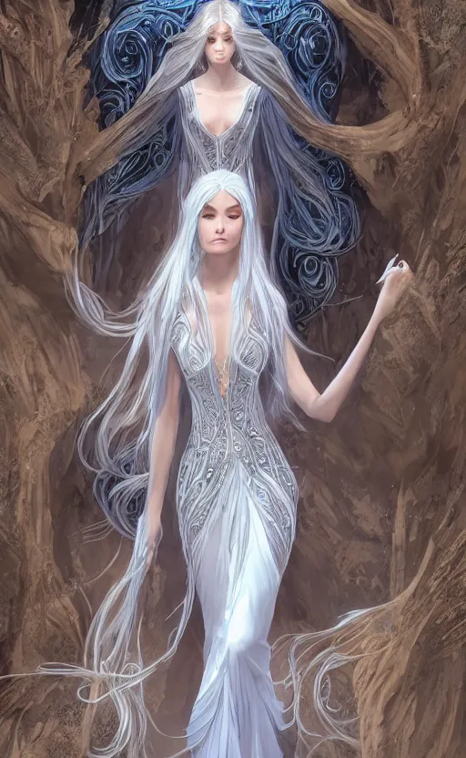 Image similar to an elven woman with long, silver hair cascading down her back. she has delicate, angular features and piercing blue eyes. she's clad in a flowing white dress with intricate silver embroidery, dynamic lighting, photorealistic fantasy concept art, trending on art station, stunning visuals, creative cinematic, ultra detailed