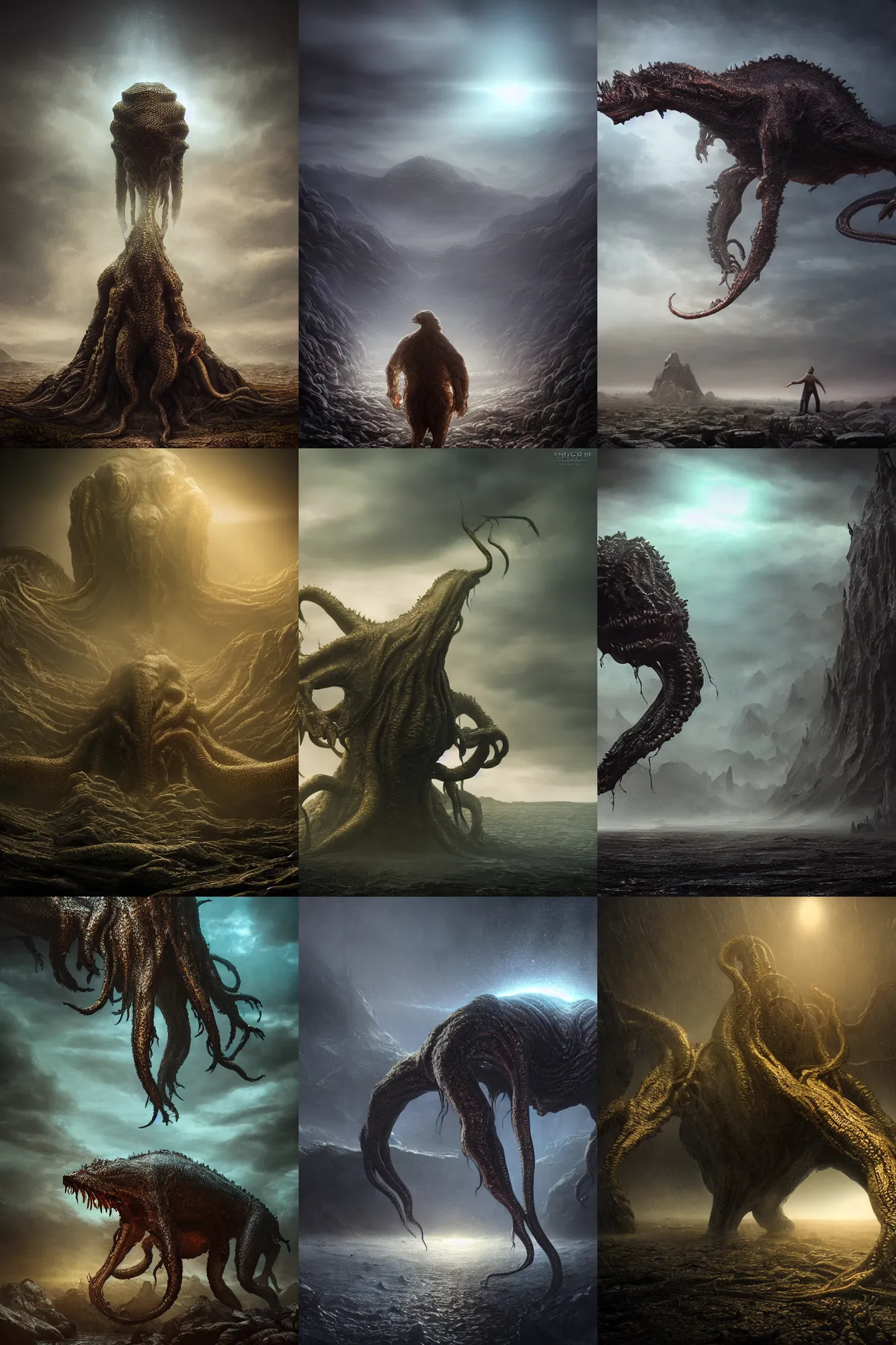 Prompt: realistic massive lovecraft creature in a large lanscape, dark science fiction + oriental fantasy, hyper realistic, cinematic lighting, epic cinematic tone, hyper realistic, golden ratio, natural volumetric lighting, high resolution, cinematic composition, realistic lighting, realistic reflection, realistic refraction, subsurface scattering, 4 k postprocessing, sci - fi