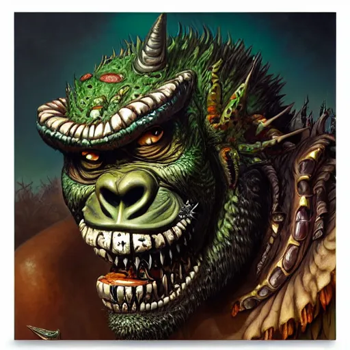 Prompt: side view of barong family member with dental braces, big scars, wiwek, mara demon, one single tribe member, jungle, one single mask, dark, ancient warrior, gorilla, lizard, tribal, inner glow, paint by peter mohrbacher and dan mumford