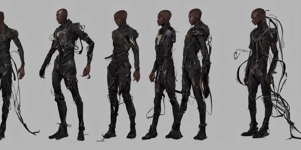 Prompt: african man, sci-fi, techwear, character concept, character reference sheet, front and side views, by Makoto Shinkai, Stanley Artgerm Lau, WLOP, Rossdraws, James Jean, Andrei Riabovitchev, Marc Simonetti, krenz cushart, Sakimichan, trending on ArtStation, digital art, character design, lou romano color scheme