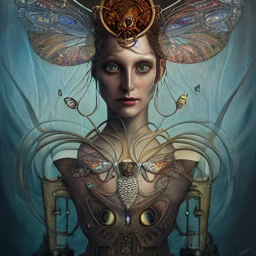 Image similar to realistic illustration of a beautiful rusted mechanical faerie queen with glowing eyes, moth wings with geometric patterns, reflective detailed textures, highly detailed dark fantasy science fiction painting by tom bagshaw and diego rivera and jean delville, silver and cool colors, artstation