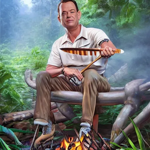 Prompt: tom hanks as forrest gump holding a giant shrimp skewer over a campfire in the jungle, realistic digital painting, in the style of Aleksi Briclot, photoreailstic, realistic face, amazing detail, sharp