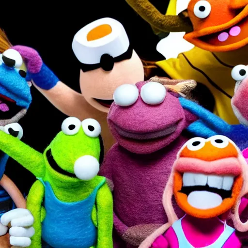 Image similar to the cast of squid game as a muppet. highly detailed felt. hyper real photo. 4 k.