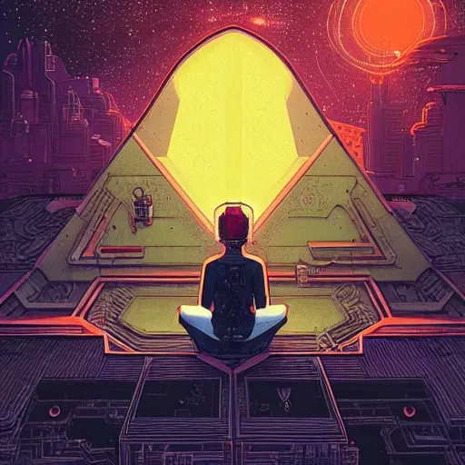 Prompt: Stunningly intricate illustration of a cyberpunk explorer meditating next to a floating triangular glowing monolith, highly detailed, midnight, by Victo Ngai and James Gilleard , Moebius, Laurie Greasley file:///Volumes/1TB_WD/photoshop/bing%20character%20related%20stuff/bing%20-%20logo%20character%20-%20pixelated/BING_COMMISSION%20NO%20BG.png