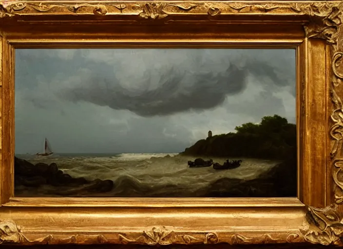 Image similar to the beaches of normandy before d - day, stormy weather in the style of hudson river school of art, oil on canvas