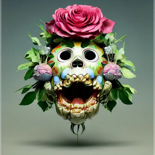 Prompt: Takashi Murakami, 3d render, octane render, A beautiful oil painting hyperrealism of a growing roses out of a skull head, bulging eyes, rotten green skin, grey beard, blue veins, skull bones flowers, 8k resolution, octane render, Trending on artstation, by Gediminas Pranckevicius, zdzisław beksiński, h.r. giger, dan mumford and jeffrey smith, volumetric light 2blue fractal Thunder glow, anaglyph effect, Laurie Lipton