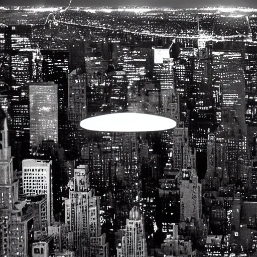 Image similar to a photograph of a ufo above new york taken by a phone camera, black and white