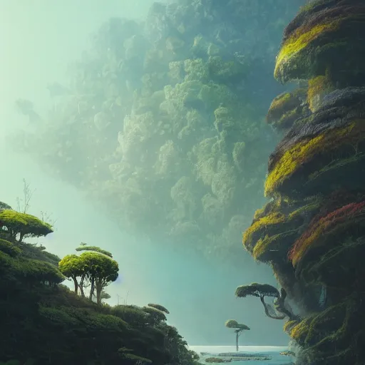 Prompt: A beautiful landscape on an alien planet with giant platinums, and iridescent vegetation Giant Coral and moss in the river by David Hocknet, greg rutkowski, Victo Ngai, François de Nomé, Dan Witz Trending on artstation and SF AR