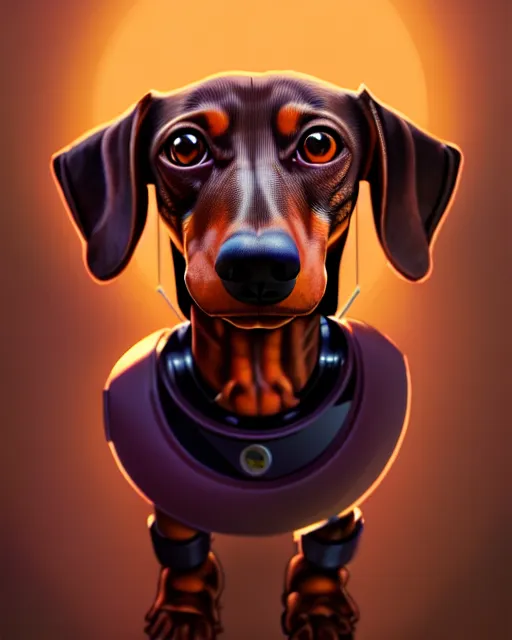 Image similar to hyper - realistic portrait of a dachshund robot, face angle, gta v cover art, celshading, sharp focus, intricate, detailed, rhads, andreas rocha, makoto shinkai, lois van baarle, ilya kuvshinov, greg rutkowski, dynamic lighting, grunge aesthetic, 4 k