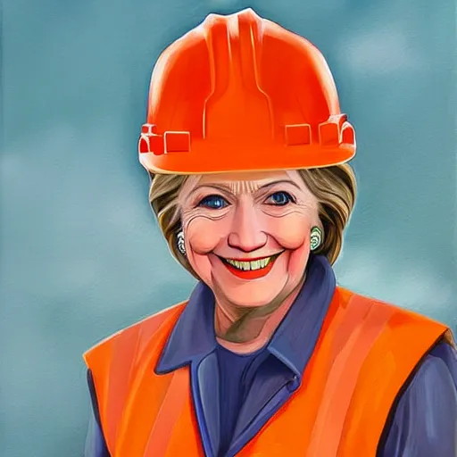 Image similar to stylized oil painting of hillary clinton as a construction worker, wearing an orange safety vest