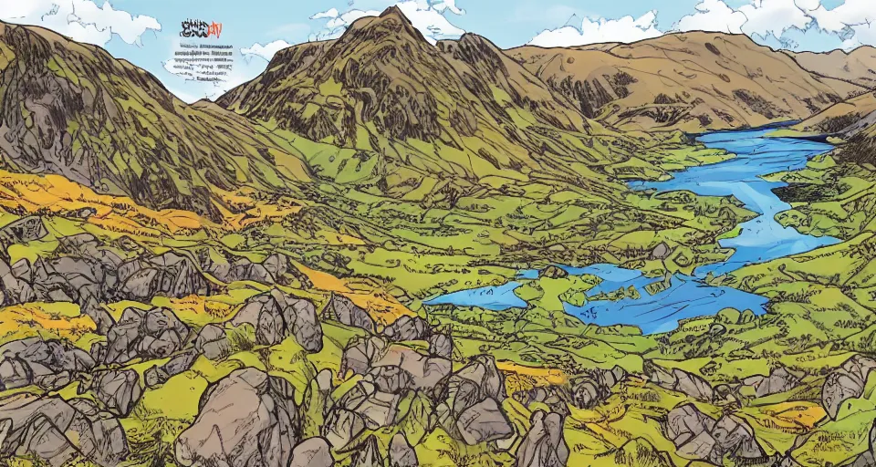 Prompt: a full page comic book panel of the beautiful scottish highlands