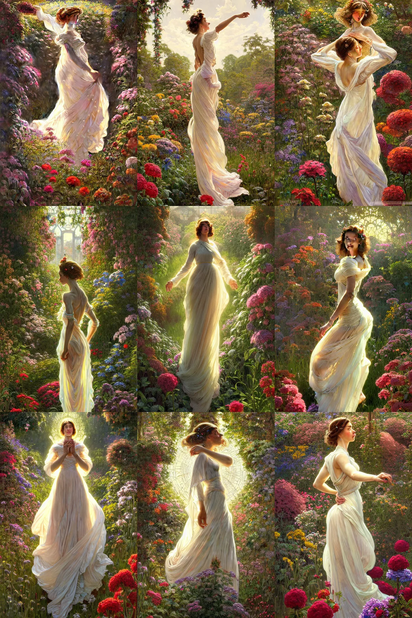 Prompt: clear portrait of meta human, attractive, women, cottagecore, background hyper detailed flower garden, character concept, full body, dynamic pose, flowing gown, glowing lights!!, intricate, elegant, highly detailed, digital painting, artstation, smooth, lit from above, art by norman rockwell, greg rutkowski and alphonse mucha