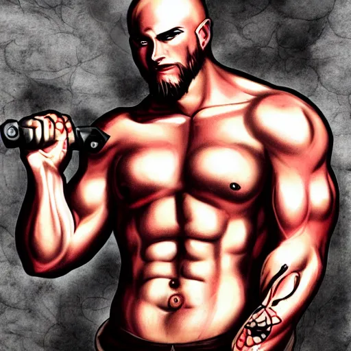 Image similar to muscular bald man, tattooed body, sword in hands, HD, anime style,